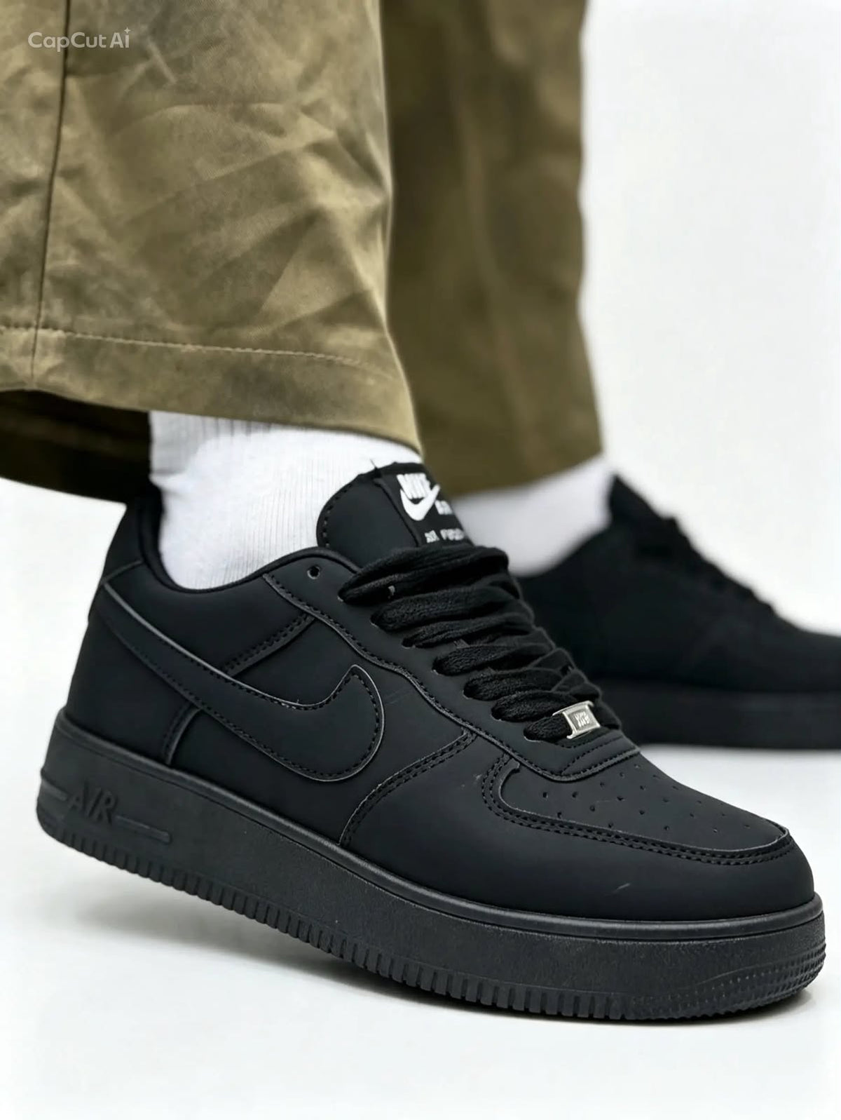 This appears to be a customized or inspired black sneaker featuring monogram pattern accents and a red stitched detail.