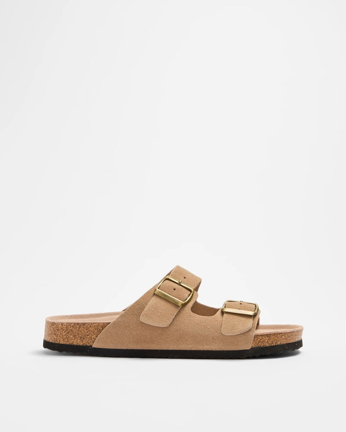 Leather upper
Leather insole
Rubber sole
Two-strap sandal design
Adjustable buckle straps
Contoured cork footbed
Open-toe style
Flat sole