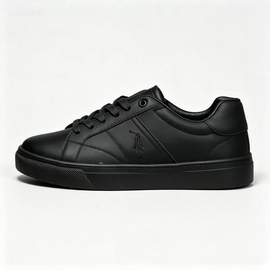This low-top, casual sneaker made of synthetic leather represents one of U.S. Polo Assn.'s simplest designs—a classic court sneaker in solid black.