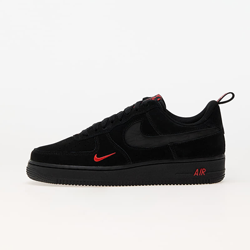 <h4 style="text-align: center;"><strong>The image shows the Nike Air Force 1 '07 LV8 'Multi-Swoosh Black Crimson' sneaker, crafted from black suede with striking red details.</strong></h4>