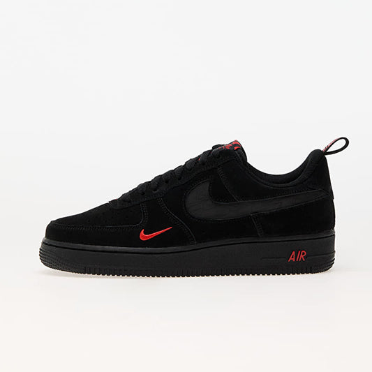 <h4 style="text-align: center;"><strong>The image shows the Nike Air Force 1 '07 LV8 'Multi-Swoosh Black Crimson' sneaker, crafted from black suede with striking red details.</strong></h4>