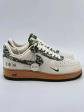 <h4 style="text-align: center;">The shoe appears to be a version featuring details inspired by an imagined or commercial collaboration between Nike and Dior (Dior x Nike Air Force 1), showcasing olive and white Dior patterns and a contrasting-colored outsole. </h4>