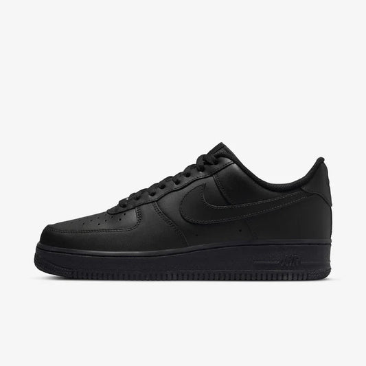 The Nike Air Force 1 Low '07 Black is an iconic, stealthy, all-black basketball heritage sneaker featuring a durable smooth leather upper, encapsulated Nike Air cushioning, and a matching rubber ou...
