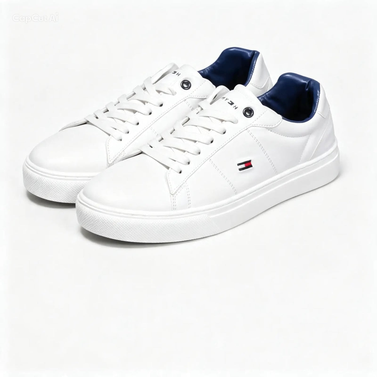 This white leather sneaker appears to be the Tommy Hilfiger Essential Leather model, featuring navy blue interior lining details and the brand's distinctive logo on the side.