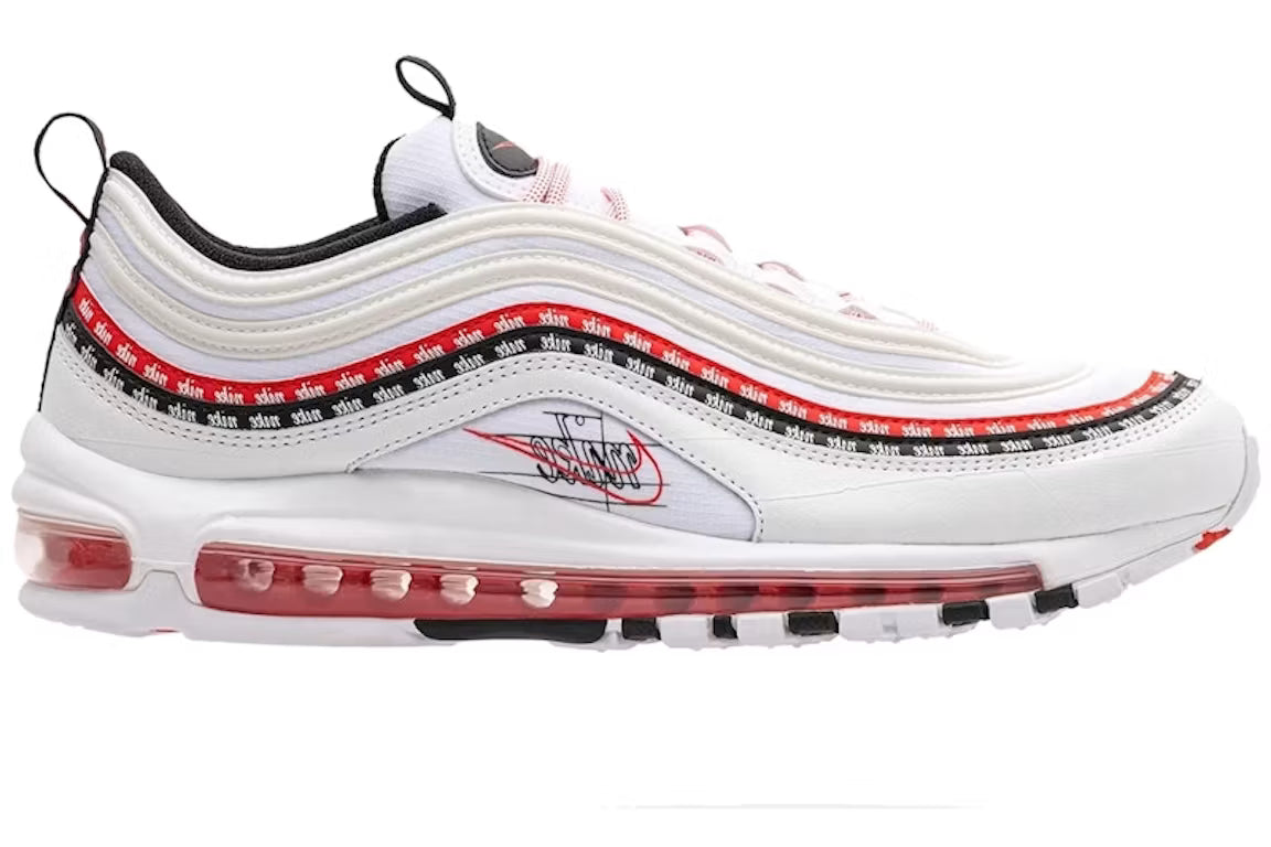 The selected region features the Nike Air Max 97 "Script Swoosh" sneaker in a white, black, and university red colorway, highlighted by a distinctive handwritten logo pattern along the upper.