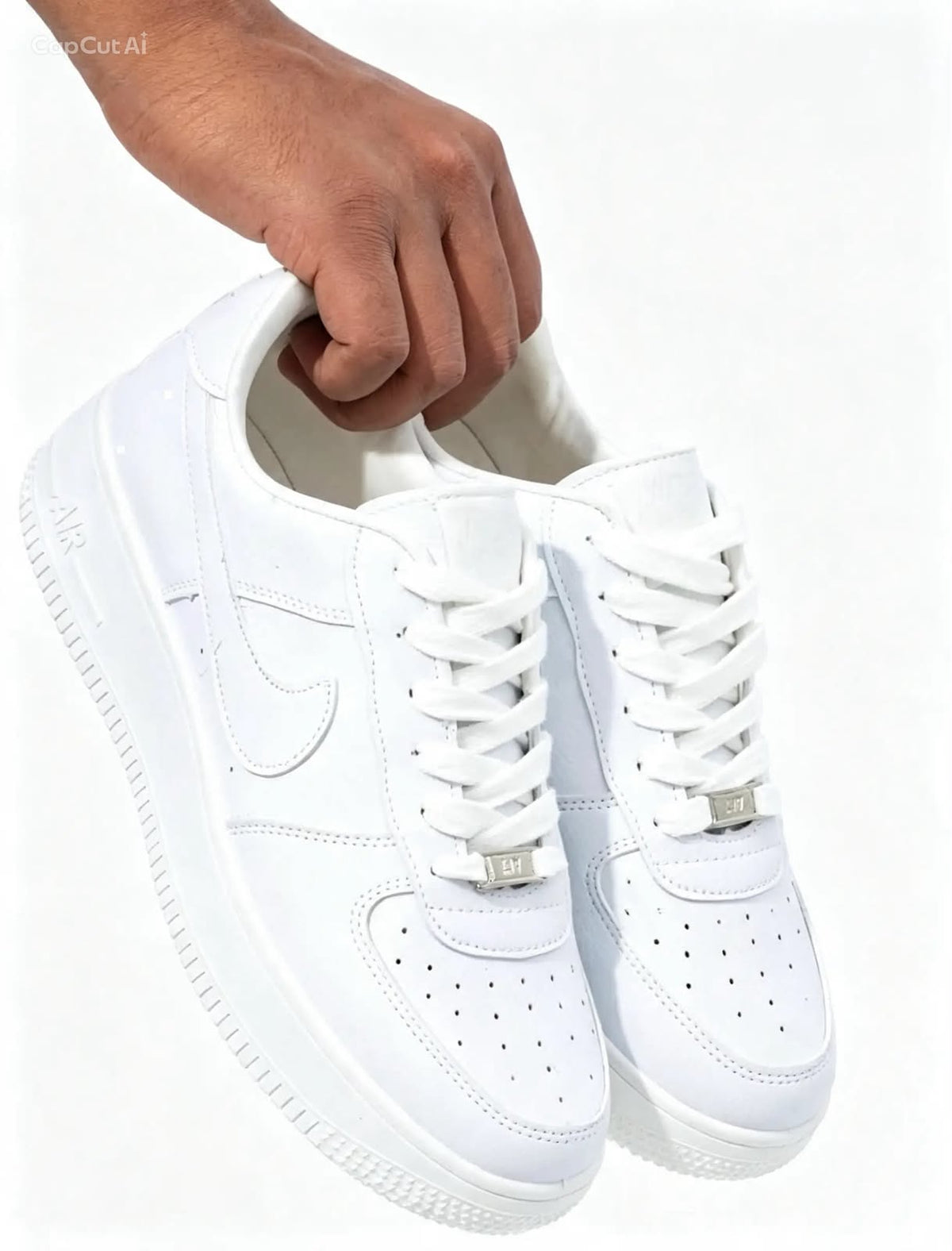 This appears to be a customized or inspired white and blue low-top sneaker featuring monogram pattern accents and a red stitched detail.